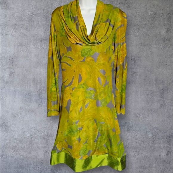 Beautiful 60's Mod Dress Vintage Green/Yellow  Cowl Neckline Size Large - Picture 5 of 11